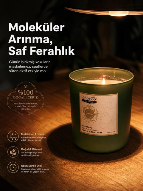 OdorGo soya mumu — loş ahşap masada reklam görseli