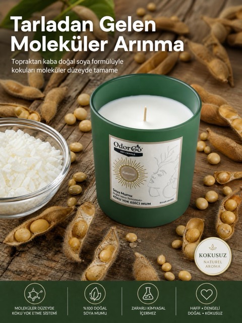 OdorGo soya mumu — soya fasulyeleri arasında doğal içerik reklam görseli