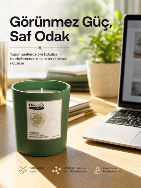 OdorGo soya mumu — çalışma masasında odak temalı reklam görseli