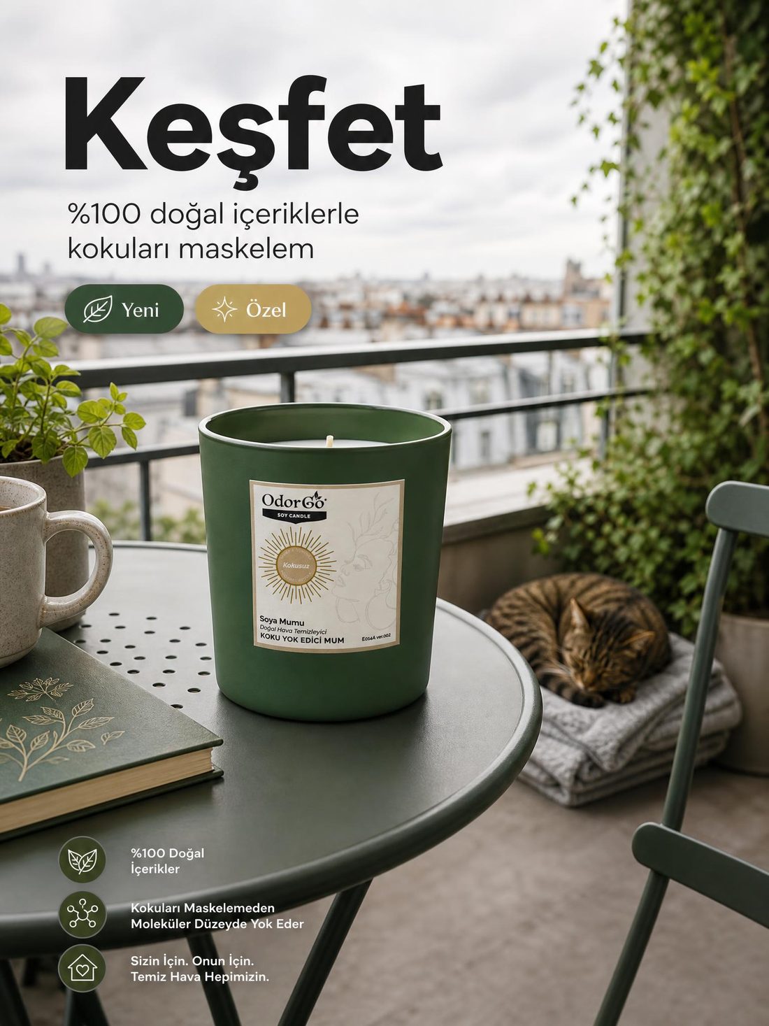 Balkon sahnesinde kedi ile birlikte ürün reklam görseli