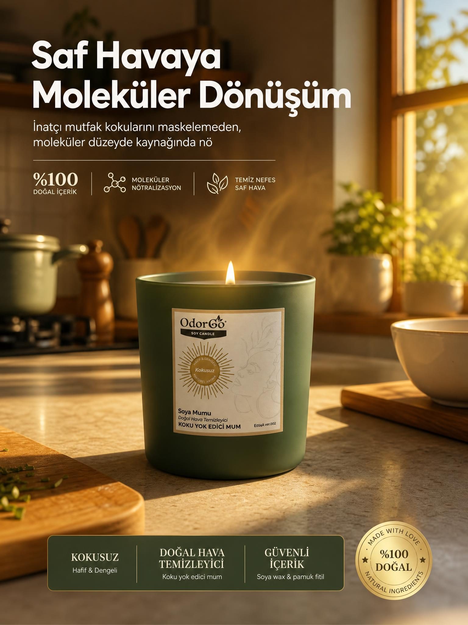 Tek ürün fotoğrafından Hokus Pokus ile üretilmiş mutfak temalı profesyonel reklam görseli — OdorGo soya mumu
