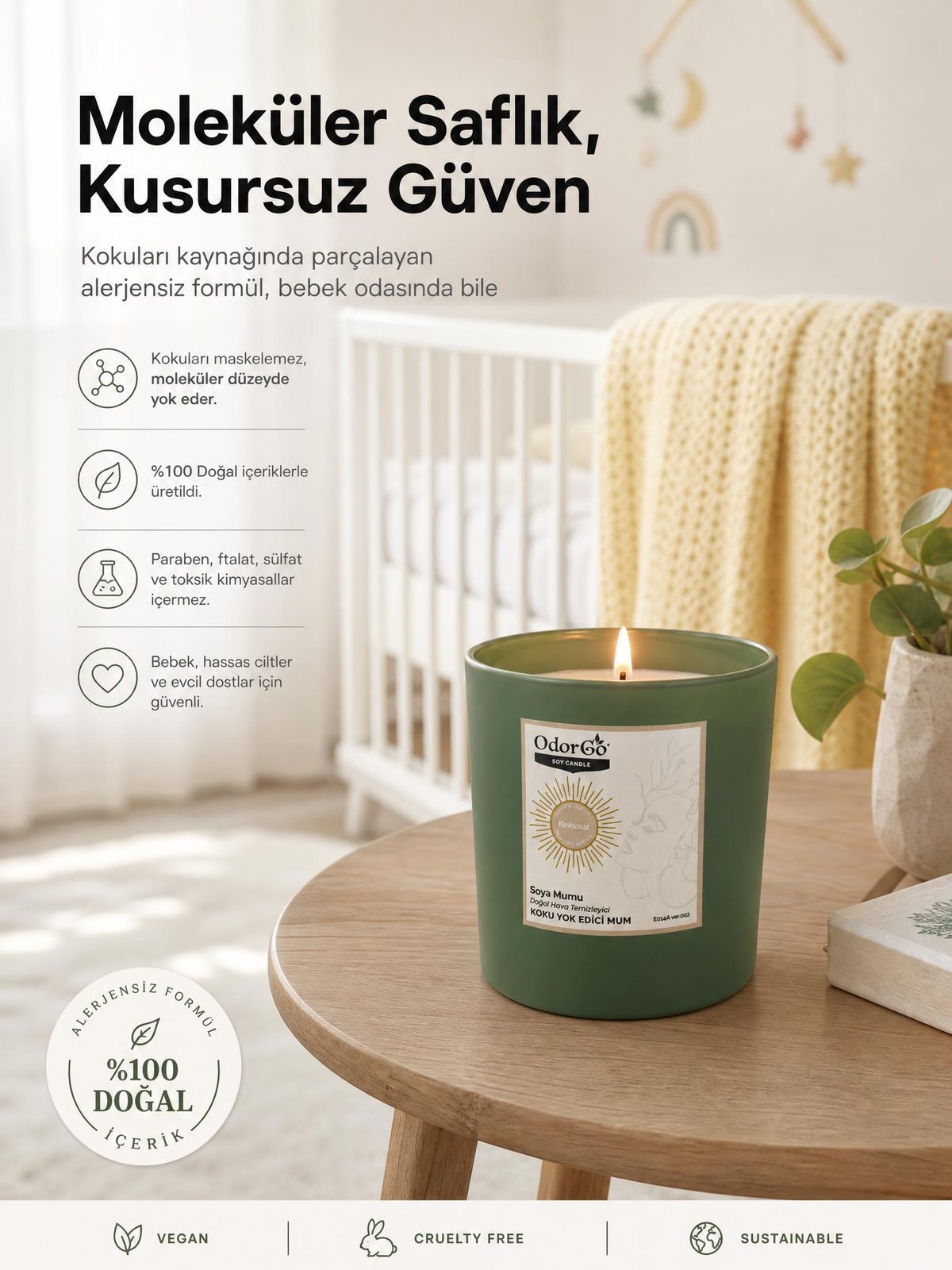 Aydınlık bebek odası sahnesinde konumlandırılmış ürün — yapay zeka ile üretilmiş yaşam alanı reklam görseli